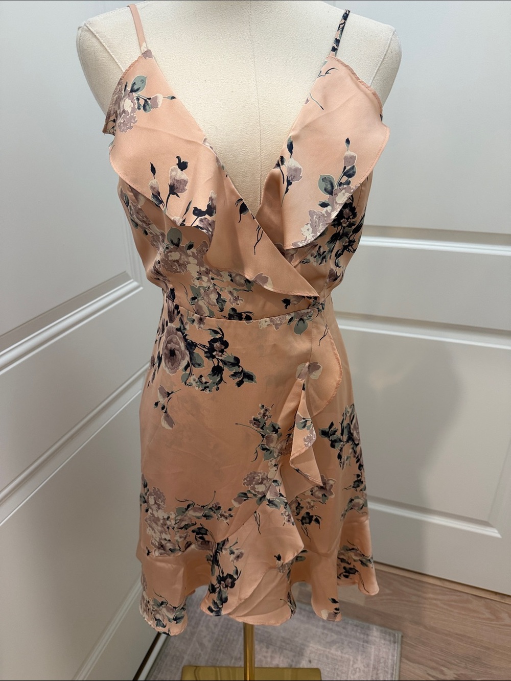 Peach Floral Ruffle Wrap Mini Dress